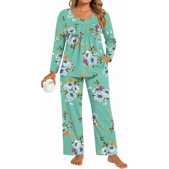 DreamFish Women's Plus Size Pajama Sets Loungewear Soft Sleepwear 2 Piece Long Sleeves Pjs Top and Long Pants with Pockets