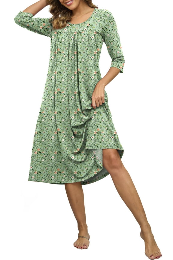 Long Nightgowns for Women 3/4 Sleeve Sleepshirts Loungewear Pleated Casual Sleepwear Loose House Dress