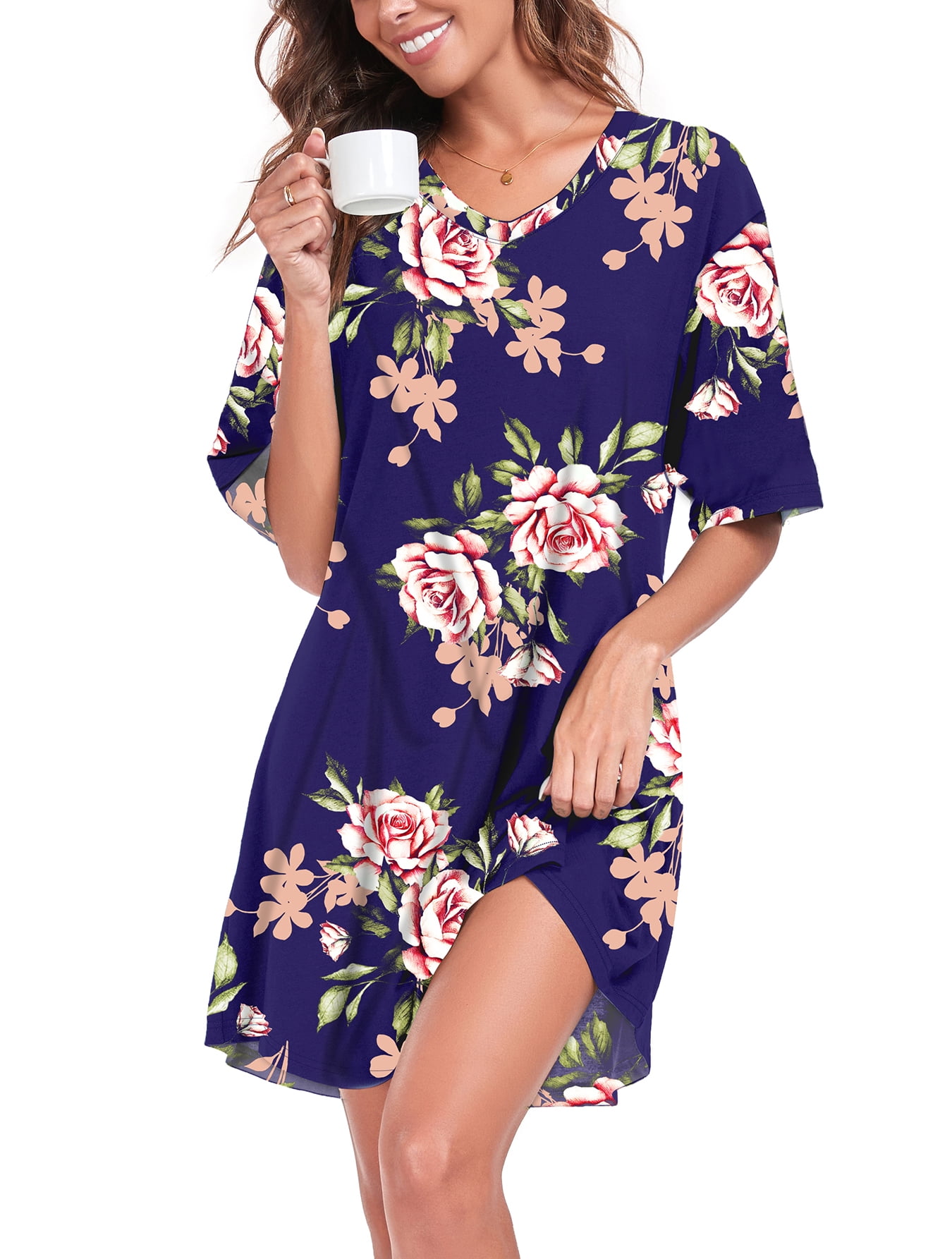 DreamFish Womens Nightgown Short Sleeve Sleepshirt V Neck Sleepwear