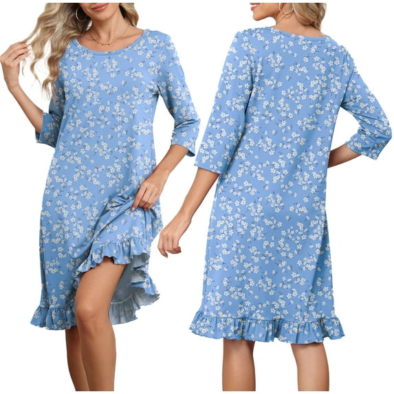 DreamFish Women's 3/4 Sleeve Sleepwear Nightgown Soft Lounge Dress with Ruffle Hem Casual House Dress