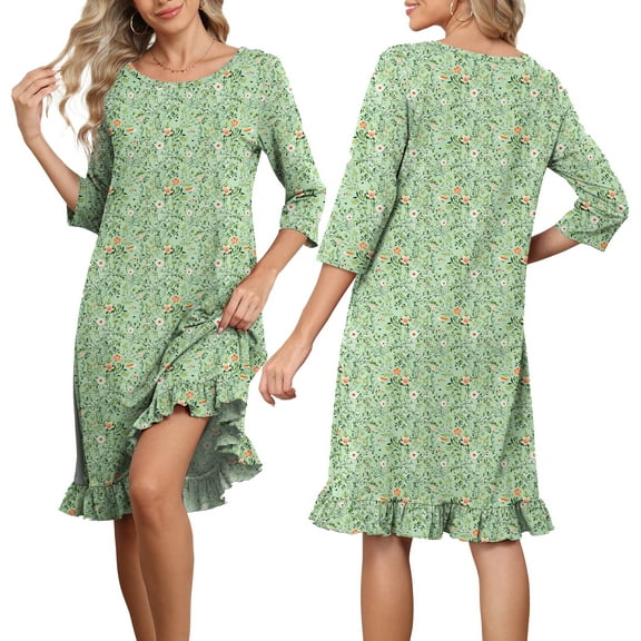 DreamFish Women's 3/4 Sleeve Sleepwear Nightgown Soft Lounge Dress with Ruffle Hem Casual House Dress