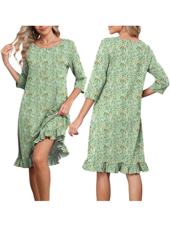 Women's 3/4 Sleeve Sleepwear Nightgown Soft Lounge Dress with Ruffle Hem Casual House Dress