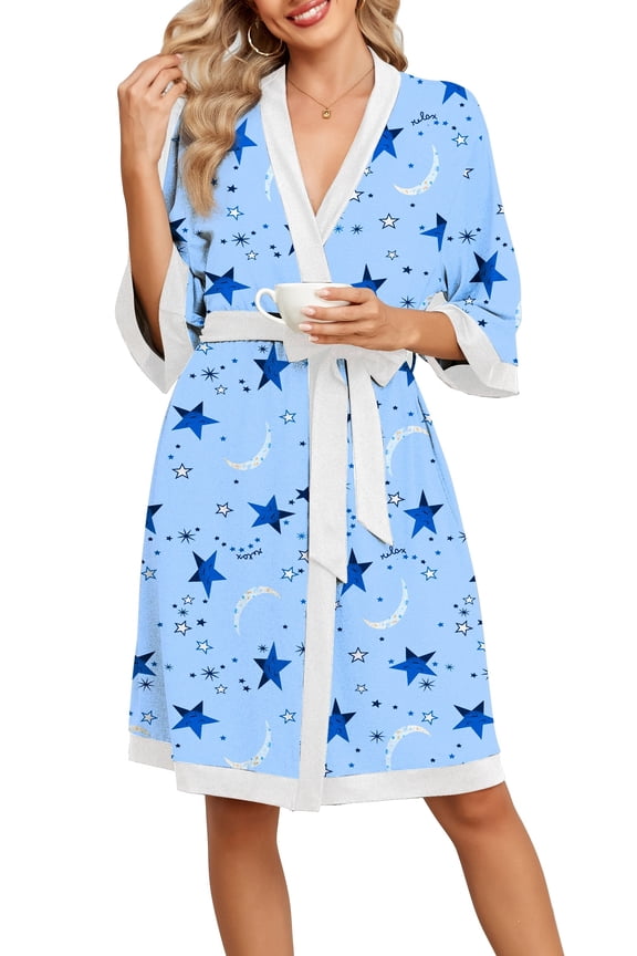 Women's Floral Knit Bathrobe Soft Kimono Style Robe Knee Length Sleepwear with Pockets 3/4 Sleeves
