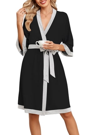 Women's Knit Bathrobe Soft Kimono-Style Robe Knee Length Sleepwear with Pockets and 3/4 Sleeves
