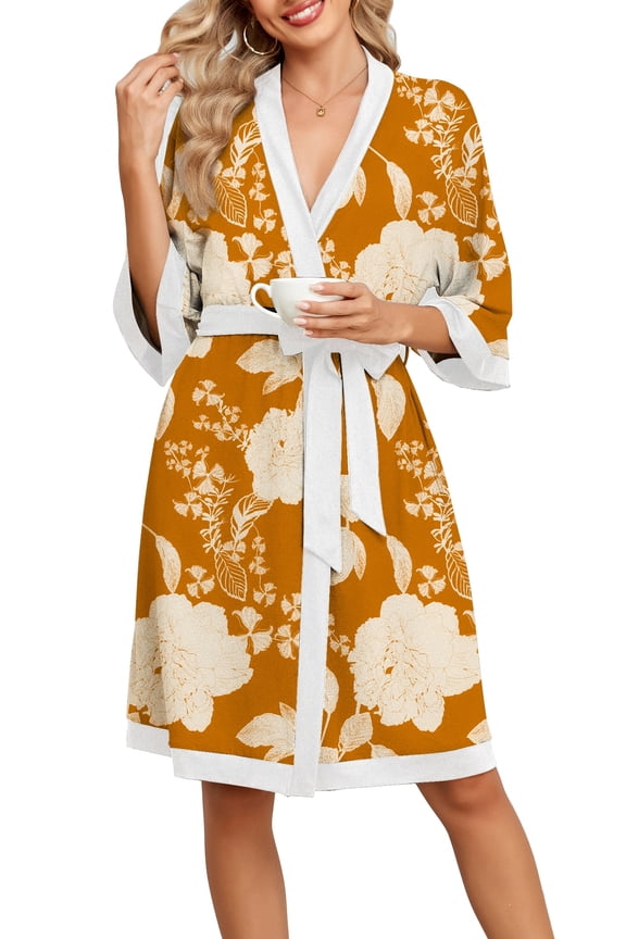 Women's Floral Knit Bathrobe Soft Kimono Style Robe Knee Length Sleepwear with Pockets 3/4 Sleeves