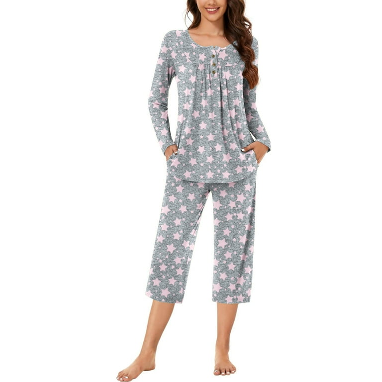 DreamFish Women s Pajama Set 2 Piece Lounge Outfits Button Down Sleepwear Set Long Sleeve with Pockets Ladies Pjs Set Walmart