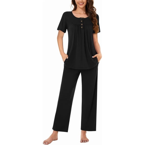 DreamFish Women's Pajama Set 2 Piece Sleepwear Henley Neck Short Sleeve Top and Long Pants with Pockets