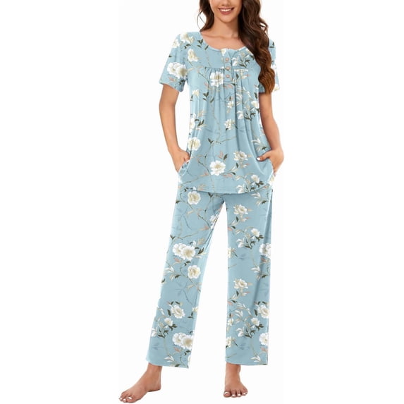 DreamFish Women's Pajama Set 2 Piece Sleepwear Henley Neck Short Sleeve Top and Long Pants with Pockets