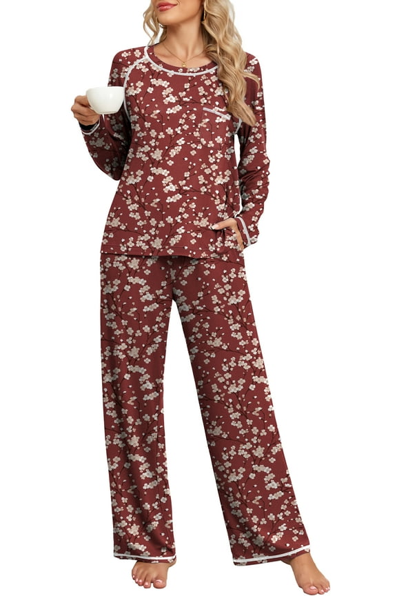 Women's Pajama Set Long Sleeve Top and Pants with Pockets Soft Lightweight Sleepwear Loungewear