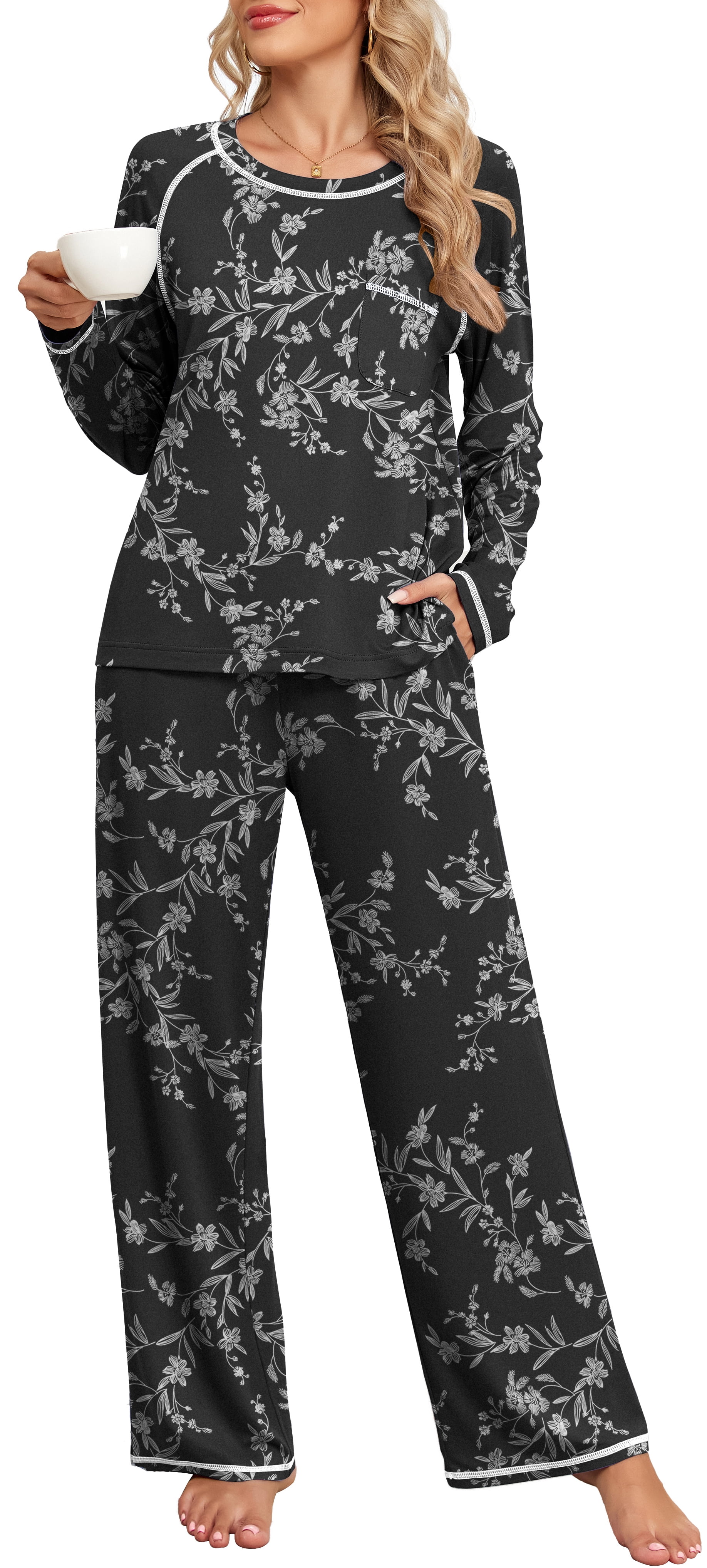 Anjue Women's Long Sleeve Pajama Set - Soft Cozy Sleepwear With Pocket, Lightweight Loungewear (Cyan, Small)