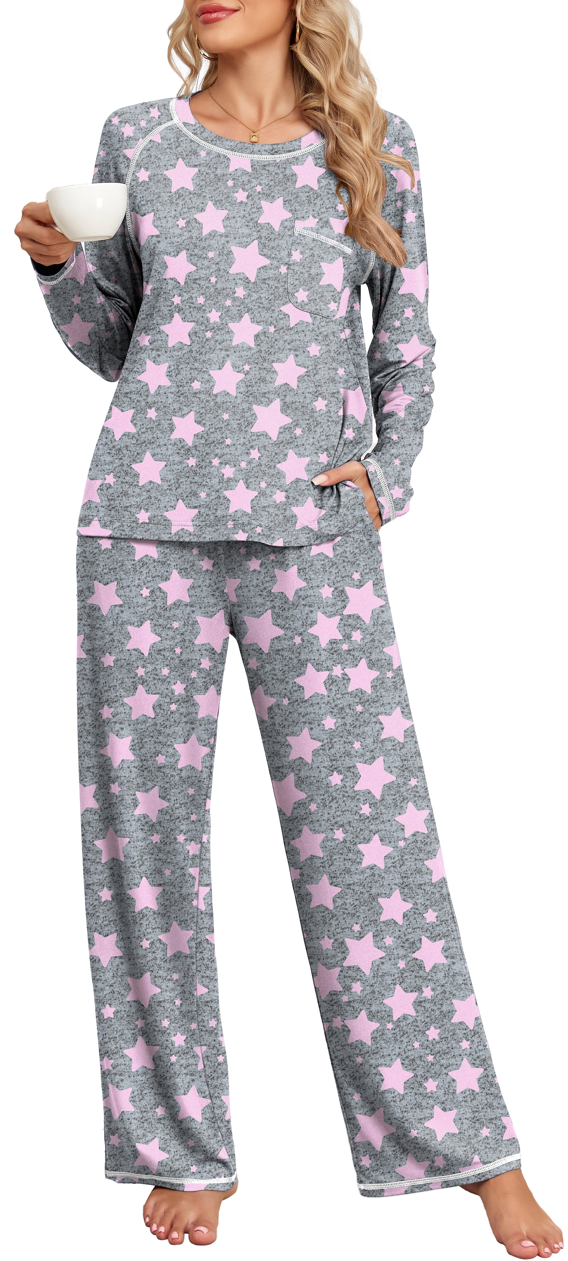 Anjue Women's Long Sleeve Pajama Set - Soft Cozy Sleepwear With Pocket, Lightweight Loungewear (Cyan, Small)