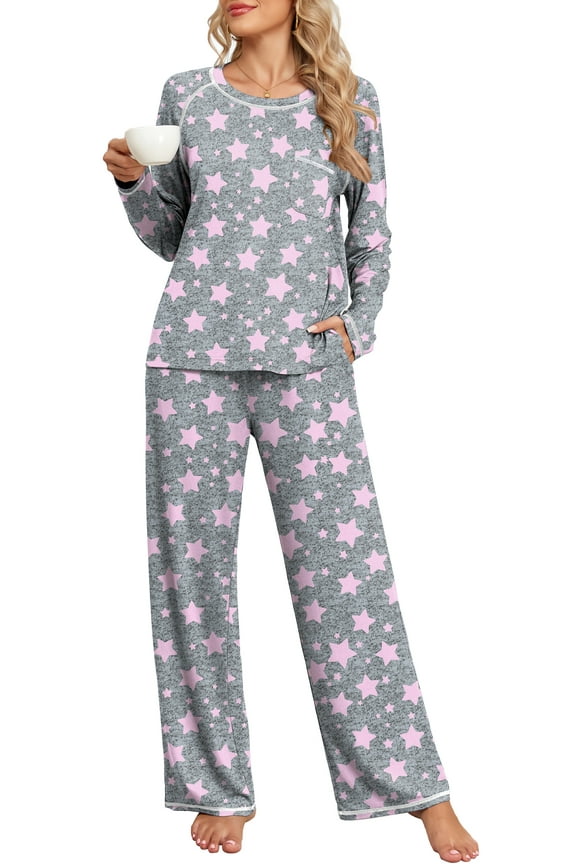 Women's Pajama Set Long Sleeve Top and Pants with Pockets Soft Lightweight Sleepwear Loungewear