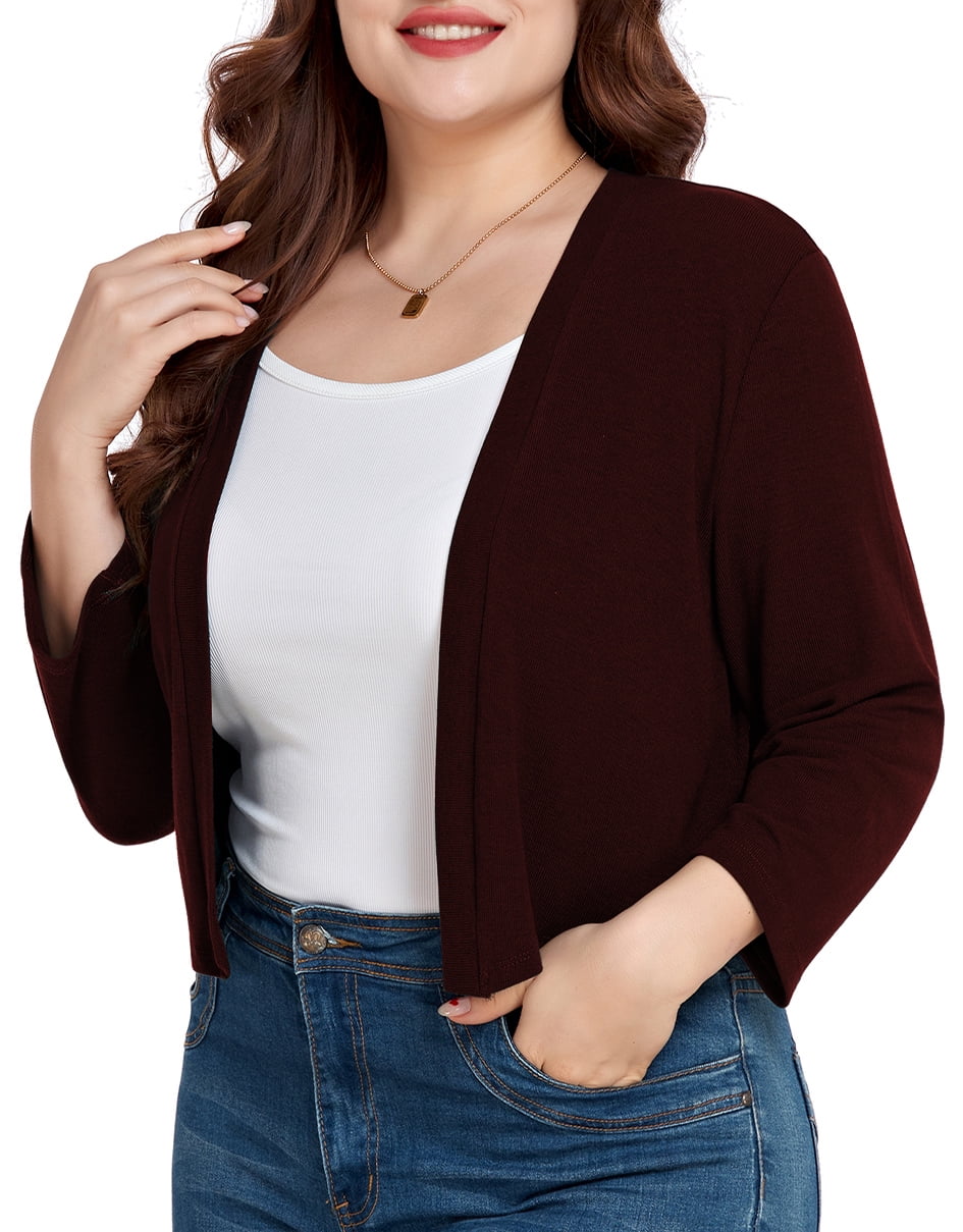DreamFish Women's Plus Size 3/4 Sleeve Cropped Cardigans Open Front
