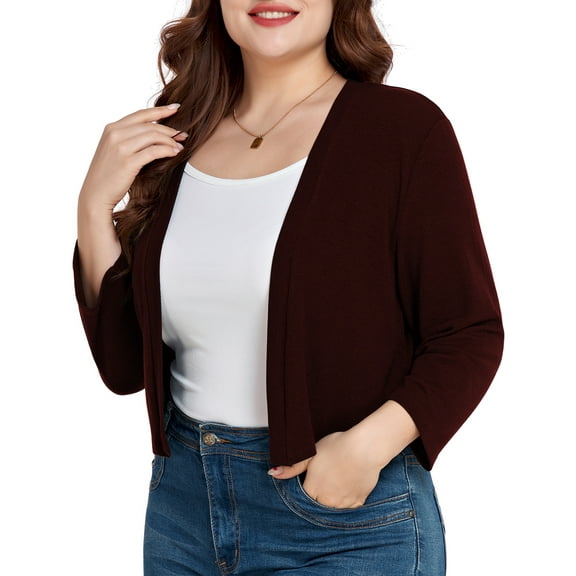 DreamFish Women's Plus Size 3/4 Sleeve Cropped Cardigans Open Front Short Shrugs for Dresses