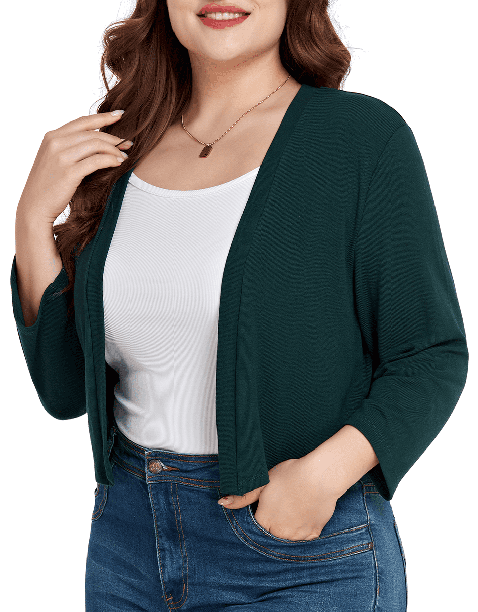 DreamFish Women's Plus Size 3/4 Sleeve Cropped Cardigans Open Front