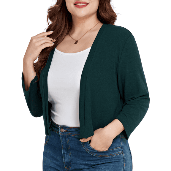 DreamFish Women's Plus Size 3/4 Sleeve Cropped Cardigans Open Front Short Shrugs for Dresses