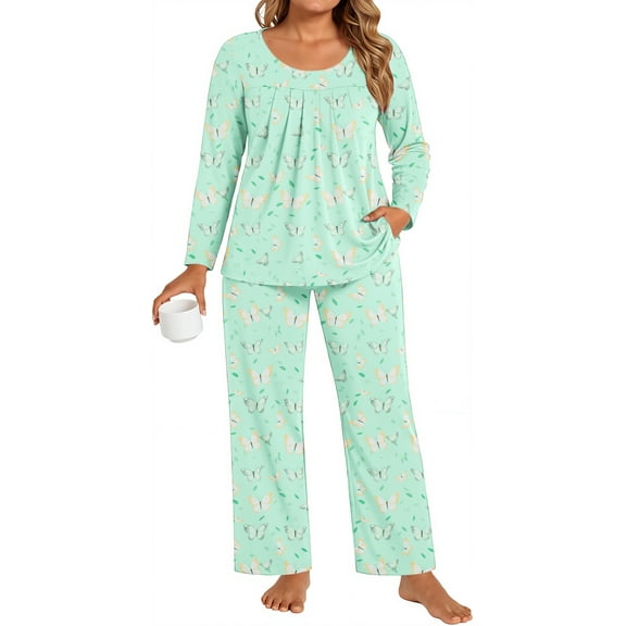DreamFish Women's Plus Size Pajama Sets Loungewear Soft Sleepwear 2 Piece Long Sleeves Pjs Top and Long Pants with Pockets