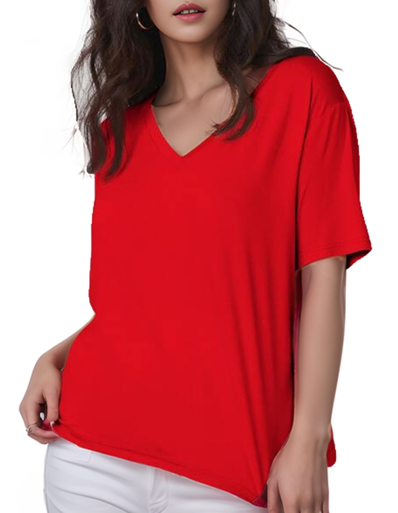DreamFish Women's Plus Size V Neck Flowy Tees Short Sleeve Casual Tunic ...