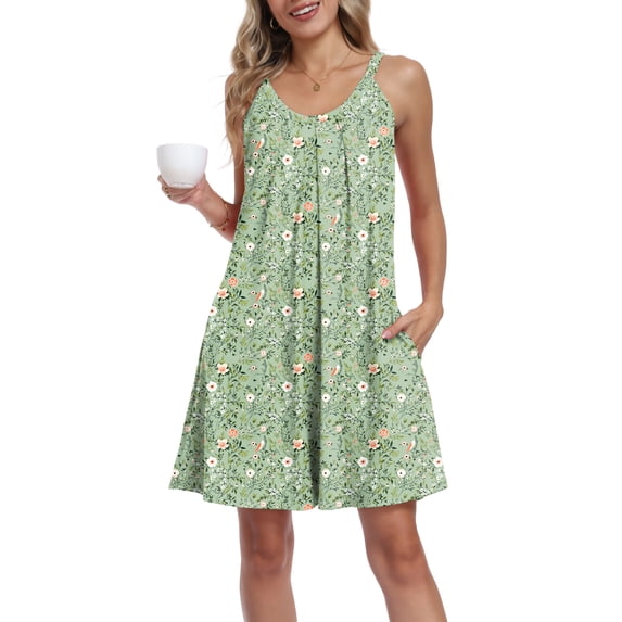 DreamFish Women's Sleeveless Nightgown Pleated Sleep Dress with Pockets Soft Scoop Neck Sleepwear Sizes M-3XL