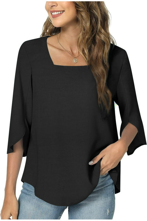 Women's Square Neck Tops Half Ruffle Split Sleeve Curved Hem Loose Fit Shirt
