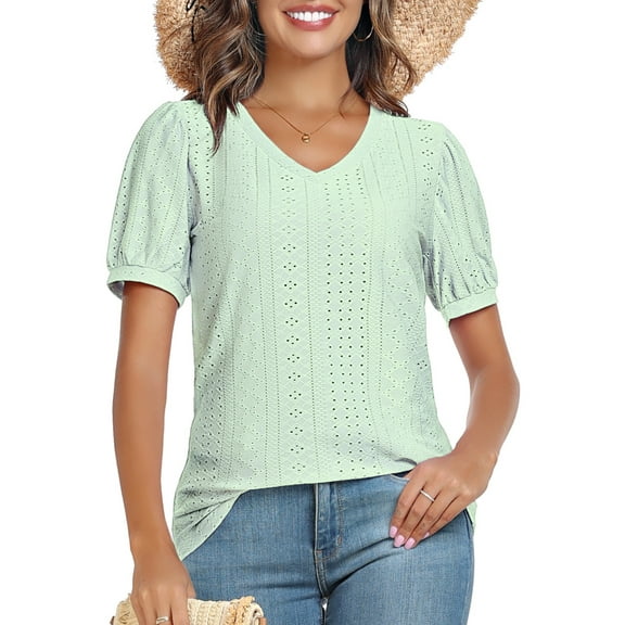 DreamFish Women's Tops Summer V Neck Tops Puffy Short Sleeve Tunic Casual Eyelet Top