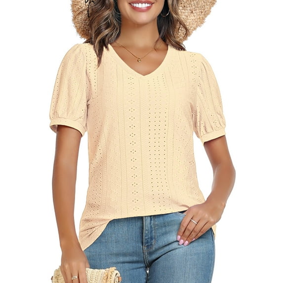 DreamFish Women's Tops Summer V Neck Tops Puffy Short Sleeve Tunic Casual Eyelet Top