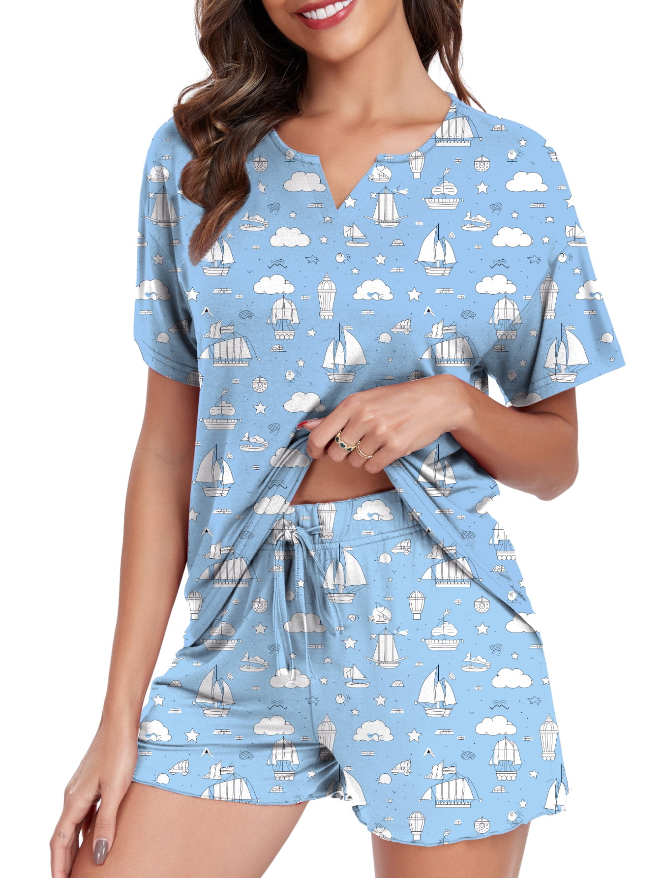 DreamFish Womens Pajama Sets 2 Piece Summer Ladies Short Sleeve Lounge ...