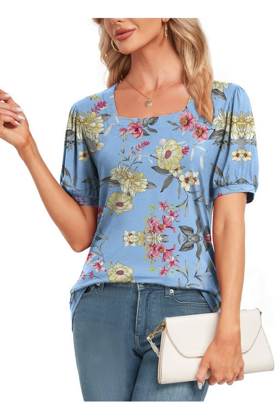 Womens Summer Tops Casual Tunic Square Neck Puff Sleeve Tops Floral Printed Blouse