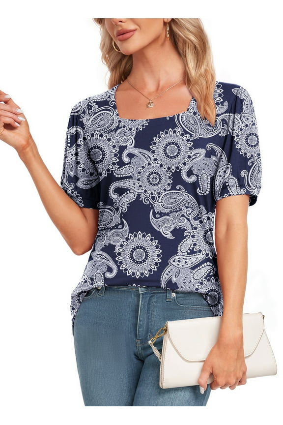 Womens Summer Tops Casual Tunic Square Neck Puff Sleeve Tops Floral Printed Blouse