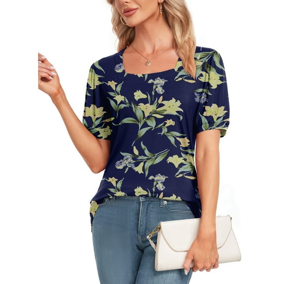 DreamFish Womens Summer Tops Casual Tunic Square Neck Puff Sleeve Tops Floral Printed Blouse