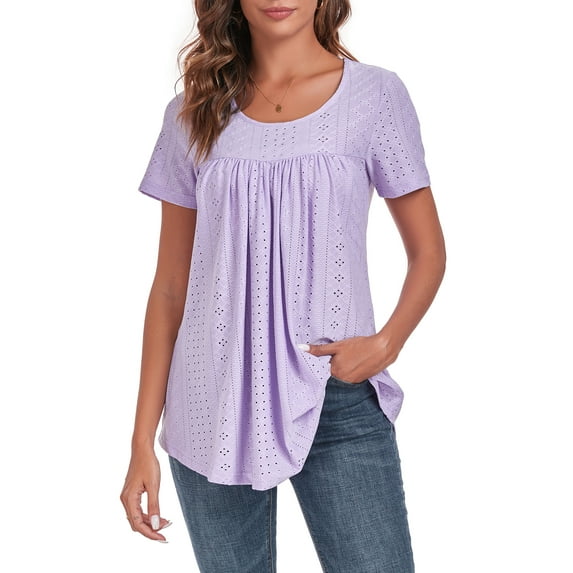 DreamFish Womens Tops Hollow Round Neck T-Shirt Short Sleeve Curved Hem Shirts Summer Eyelet Casual Blouse