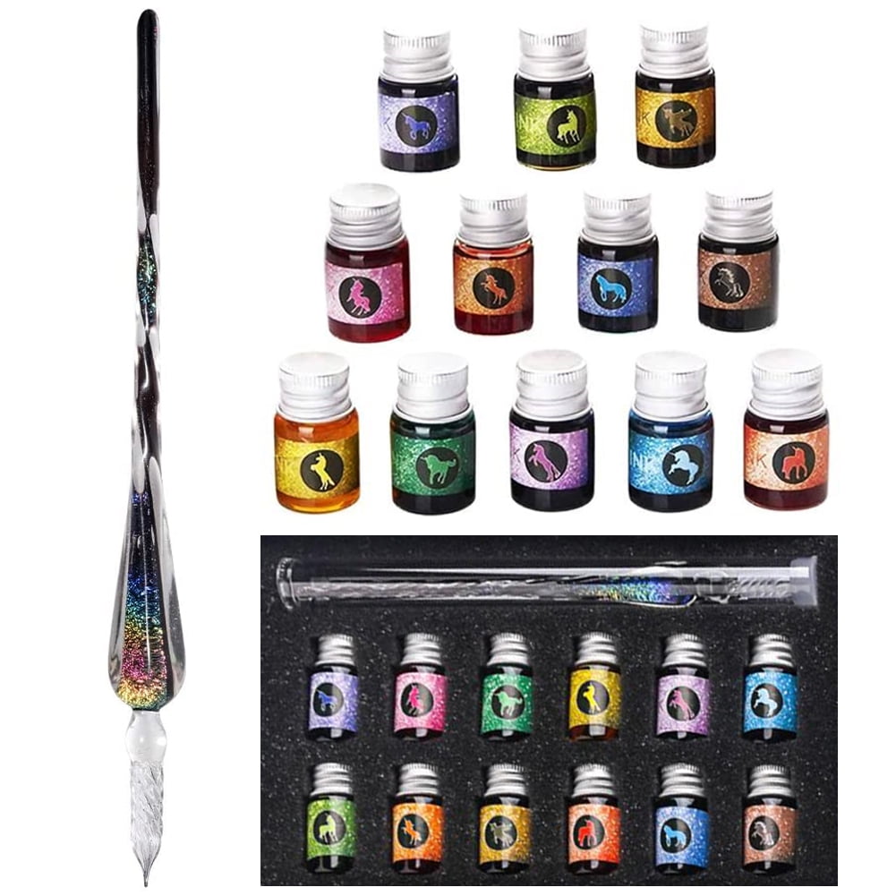 XIAOYU Glass Dip Pen Set, Calligraphy Pen Set, Happy Planet Glass Pen Set,  15-Piece Kit, Crystal Glass Pen & Pen Holder & Cleaning Cup & 12 Bottle