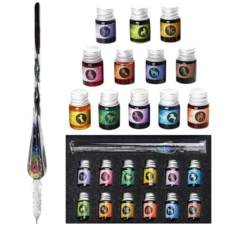 DreamHouse Glass Dip Pen Ink Set Calligraphy Dip Pens Crystal Calligraphy  Pen and Ink Set with 12 Colorful Inks for Art Writing Signatures