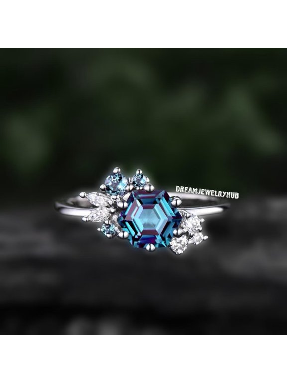 Alexandrite Engagement 925 Sterling Silver Hexagon Lab Grown Alexandrite Ring with Cubic Zirconia Rose Gold 8