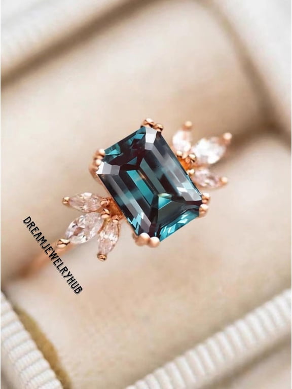 Alexandrite Engagement Ring for Women, Lab Grown Emerald Cut Rose Gold Cluster Promise Anniversary Ring Silver 4.5