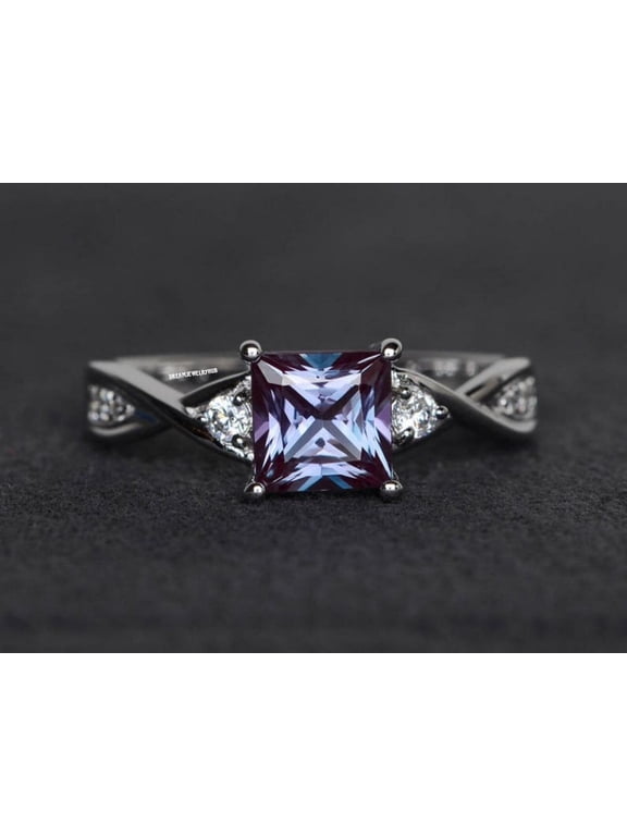 Alexandrite Engagement Ring for Women, Princess Cut Lab Grown June Birthstone 925 Sterling Silver Twist Band Gold 4