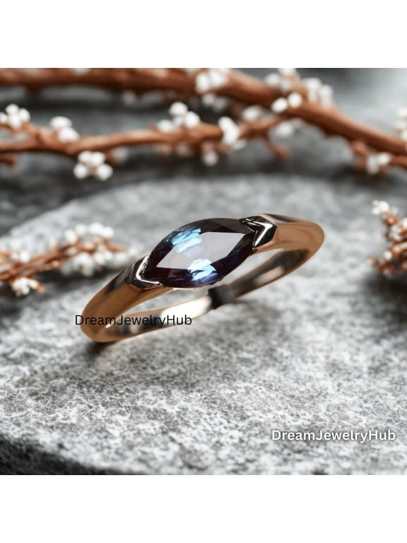 Alexandrite Ring for Women, Marquise Cut June Birthstone Ring in 925 Sterling Silver, East West Bezel Set Solitaire Ring, Art Deco Jewelry Gift Black Vermeil 11.5