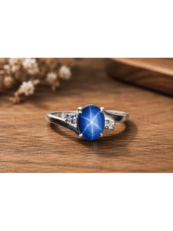 Blue Star Sapphire, 925 Sterling Silver Dainty Bypass Twist Ring, 6-Ray Celestial Lindy Gemstone Promise Ring Silver 4.5