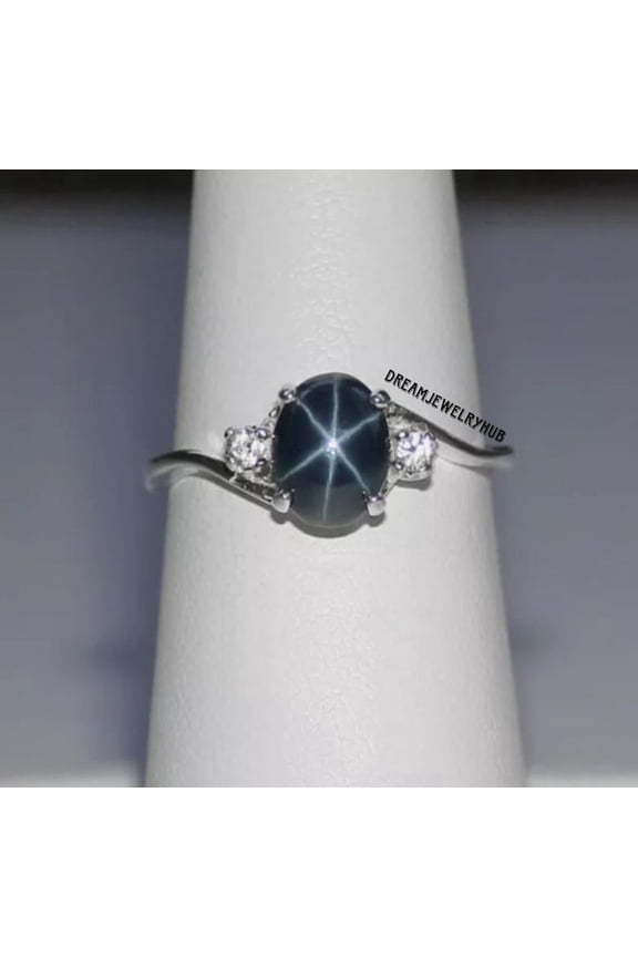 Blue Star Sapphire Engagement Ring 925 Sterling Silver, Oval Lindy Star Gemstone, Gift for Her Gold 3