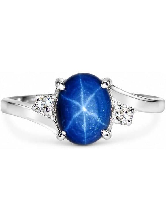 Blue Star Sapphire Ring Sterling Silver 925 Oval 6x8mm Lindy Star 6 Ray Engagement Wedding Ring for Women Art Deco Jewelry Black Vermeil 11