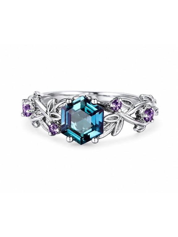 Lab Grown Alexandrite 925 Sterling Silver Hexagon Twig Leaf Ring, Vintage Art Deco June Birthstone Gold 12.5