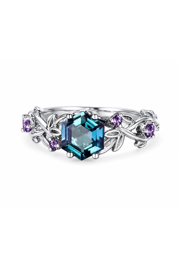 Lab Grown Alexandrite 925 Sterling Silver Hexagon Twig Leaf Ring, Vintage Art Deco June Birthstone Silver 10