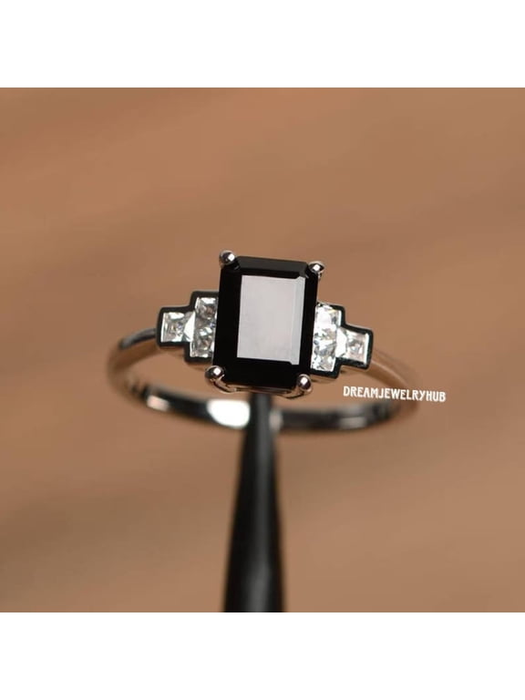 Natural Black Spinel Engagement Ring, Emerald Cut 925 Sterling Silver Art Deco Silver 13.5