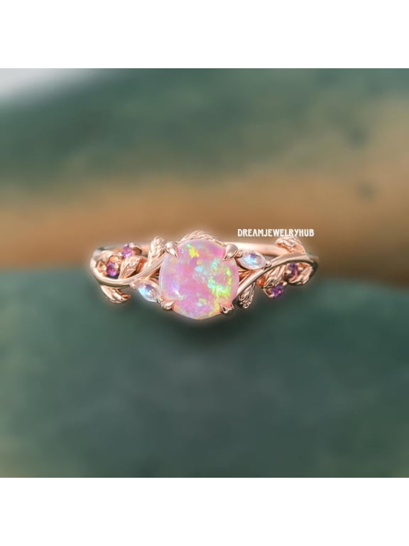 Pink Opal Ring Rose Gold Vintage Engagement Ring with Moonstone & Amethyst Rose Gold 3