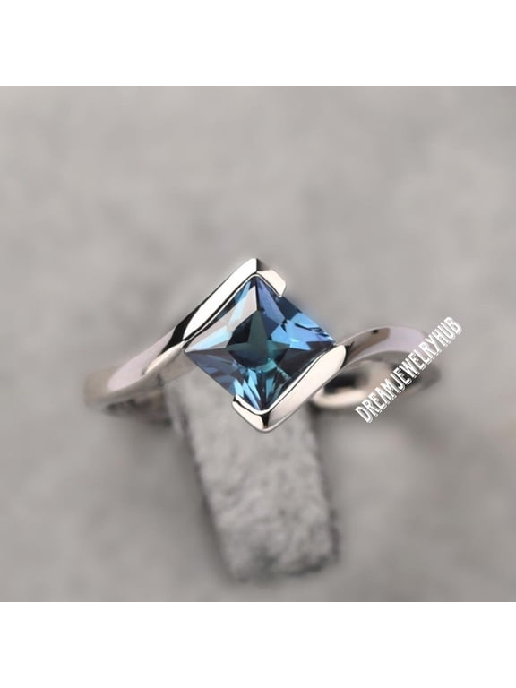 Princess Cut Lab Grown Alexandrite Ring, Bypass Engagement Ring, 7x7mm June Birthstone Promise Ring for Women Silver 6.5
