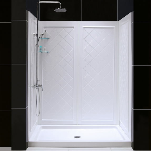 DreamLine 30 in. D x 60 in. W x 76 3/4 in. H Center Drain Acrylic Shower Base and QWALL-5 Backwall Kit In White