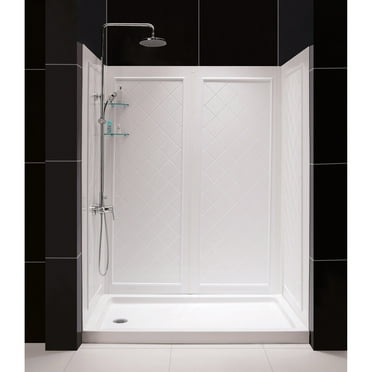 DreamLine 30 in. D x 60 in. W x 76 3/4 in. H Left Drain Acrylic Shower Base and QWALL-5 Backwall Kit In White