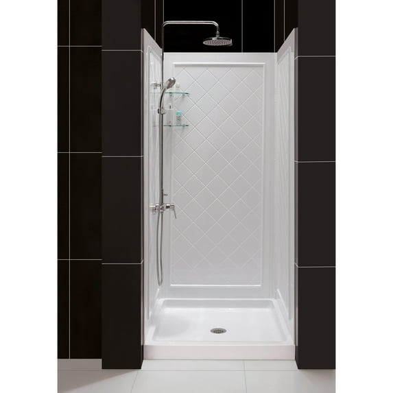 DreamLine 32 in. D x 32 in. W x 76 3/4 in. H Center Drain Acrylic Shower Base and QWALL-5 Backwall Kit In White