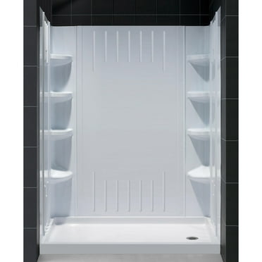 DreamLine 32 in. D x 60 in. W x 75 5/8 in. H Right Drain Acrylic Shower Base and QWALL-3 Backwall Kit In White