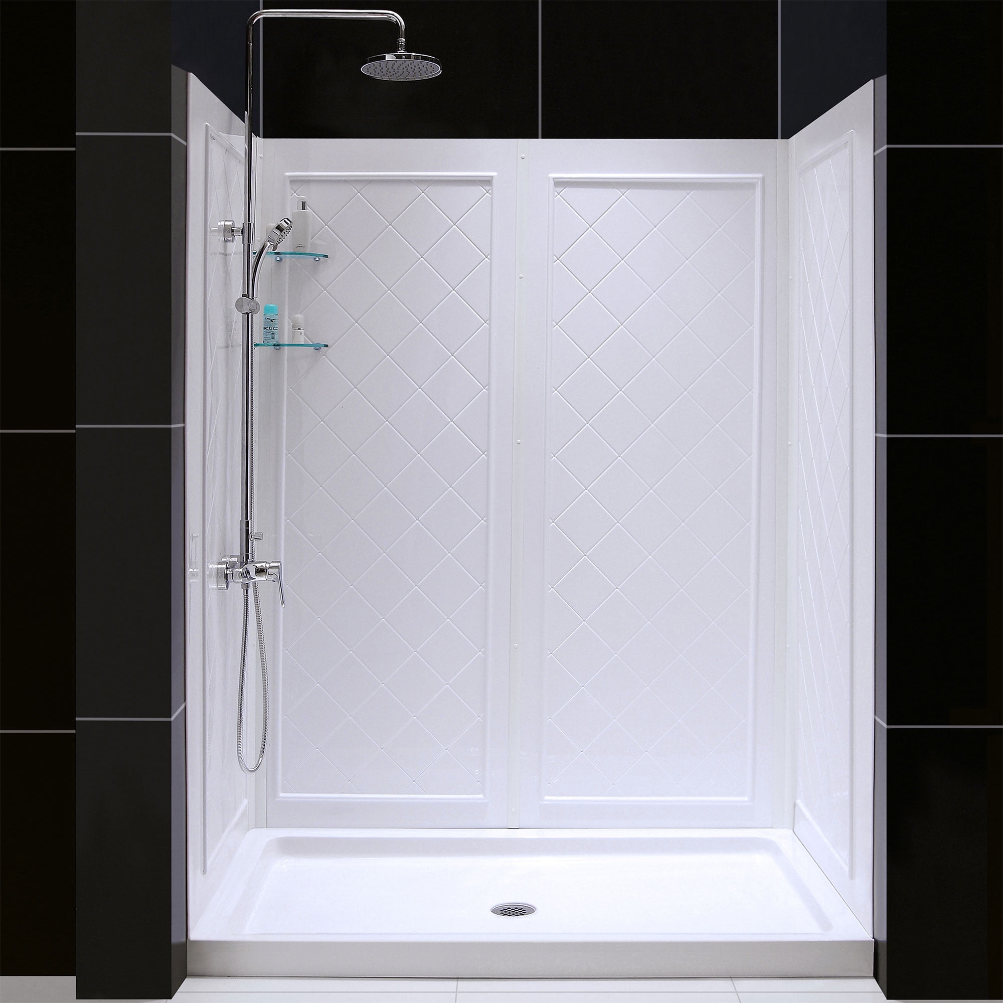 DreamLine 34 in. D x 60 in. W x 76 3/4 in. H Center Drain Acrylic Shower Base and QWALL5